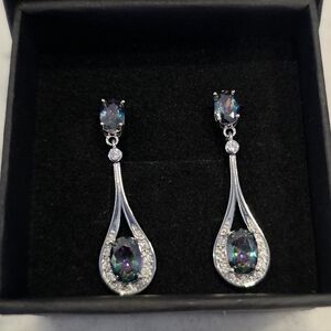 Dangle Earrings with Mystic Rainbow Topaz and Cubic Zirconia 18K White Gold